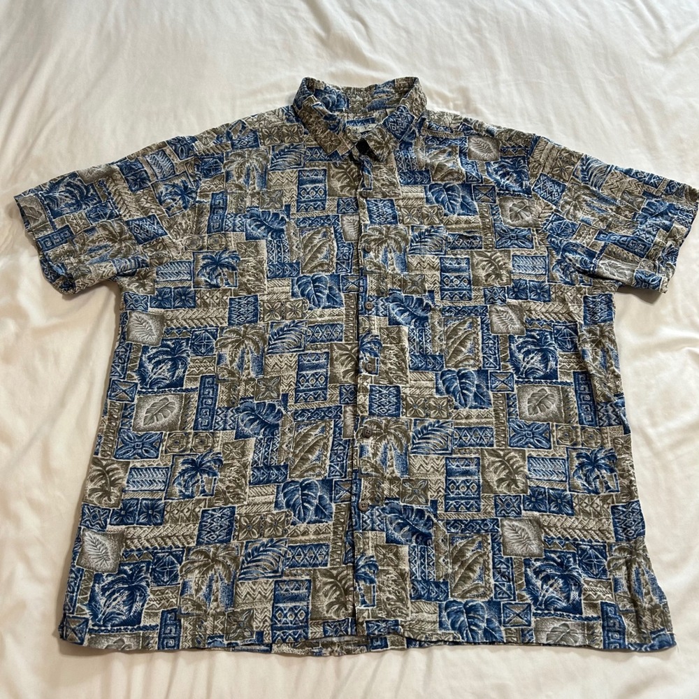 Batik Bay Mens XXL Blue Grey Tropical Palm Print Rayon Short Sleeve Button Shirt